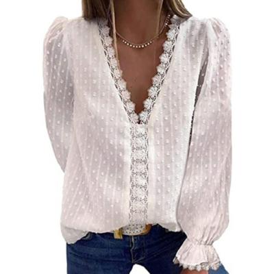 China Anti-pilling Solid Color Embroidered Lace Jacquard Sleeve Chiffon Shirt V Neckline Casual Long for sale