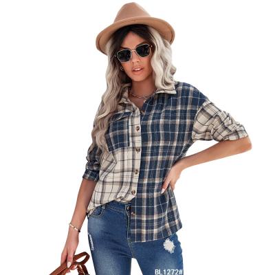 China Anti-pilling 2022 Autumn Lapel Plaid Shirt Women Loose Casual Long Sleeve Shirt for sale