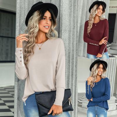 China 2022 new arrivals fashion women's casual round neck T-shirt top loose solid color anti-shrink long sleeve blouse for sale