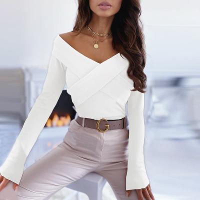 China Anti-wrinkle casual sexy V-neckline 2022 new double knits long sleeve short top fashion spats strapless top for sale