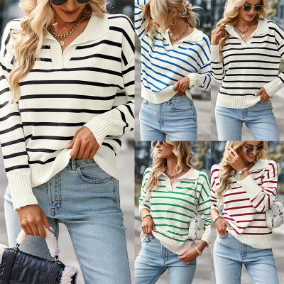 China Anti-Wrinkle Ladies Comfort Pullover Knitwear Print Striped Autumn Fashion Women Lapel Sweater Tops for sale