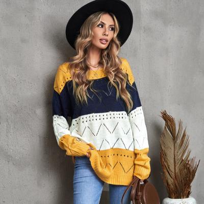 China Anti-pilling 2022 Fashion Autumn Knitted Contrast Color Sweater Loose Casual Home Sweaters For Women for sale