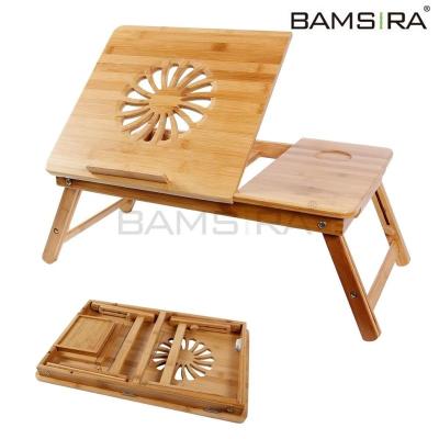 China Modern Bamboo Folding Bed Laptop Table / Desk With Adjustable Feet And One Drawer / Bamsira_Factory for sale