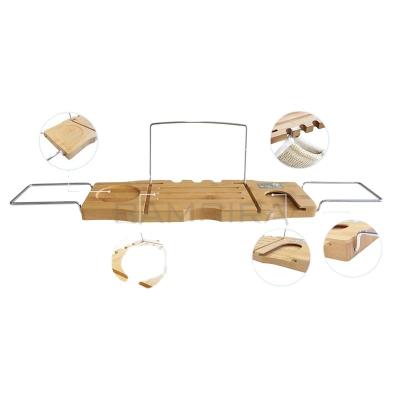 China Sustainable Viable Organizer Bamboo Bath Tub Tray Wine Glass Holder for sale