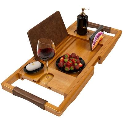 China Sustainable Sustainable Luxury Bathtub Tray Bathtub Caddy Tray Bath Cart Bath Table With Leather Handles for sale