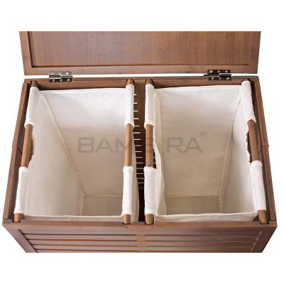 China Folding Bath 2 Section Laundry Basket Bamboo Wooden Hamper for sale