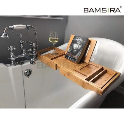 China Modern Expandable Bamboo Wooden Bath Tray with Adjustable Book, iPad or Kindle Reading Holder /Bamsira_Factory for sale