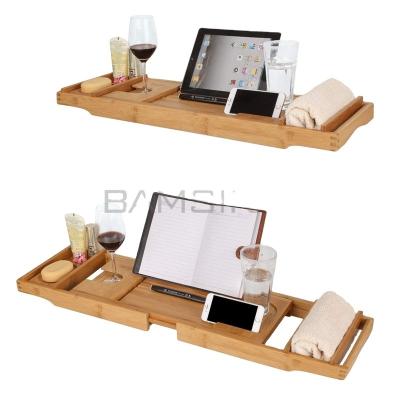 China Sustainable Bath Accessories Bamboo Tray Wood Bath Tray Expandable Tub Cart With Book And Wine Rack for sale