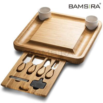 China Sustainable Sustainable Bamboo Cheese Board with 2 Ceramic Bowls and 3 Slate Labels and 2 Chalk Markers /Bamsira_Factory for sale