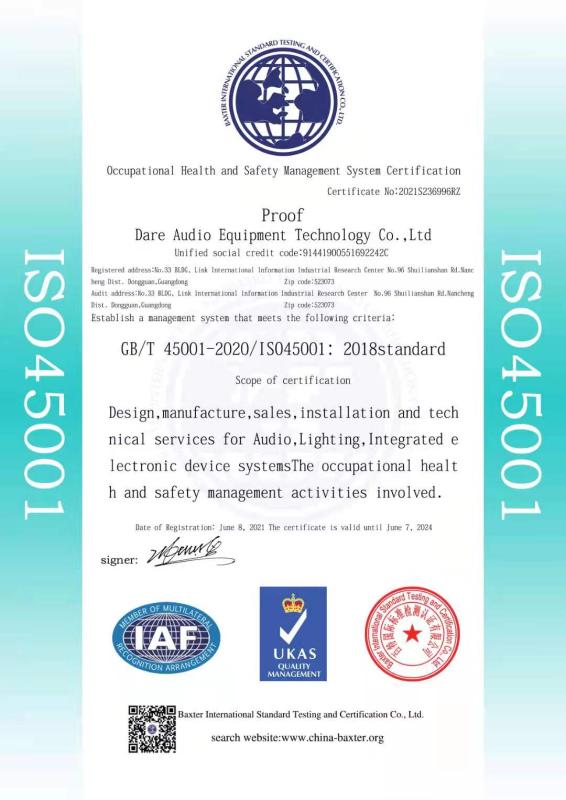 ISO 45001 - Dongguan Dare Audio Equipment Technology Co., Ltd.