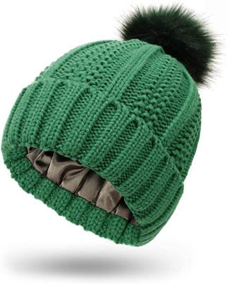 China COMMON Women's Winter Satin Striped Pom Hats Knitted Beanies With Detachable Pom Fur Hat for sale