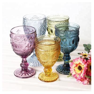 China Novelty Machine Pressed Decorative Colorful Embossed Short Stem Vintage Crystal Antique Wine Glasses Viable for sale