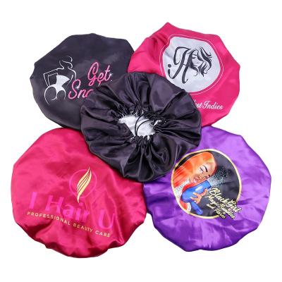 China Custom Picture Satin Hood Double Layers Luxury Silky Satin Sleep Cap With Logo for sale