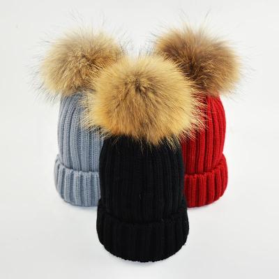 China Wholesale-Boys Girls Winter Hat Children Raccoon Fur Pompom Winter Thick Warm Knitted Hat True for sale