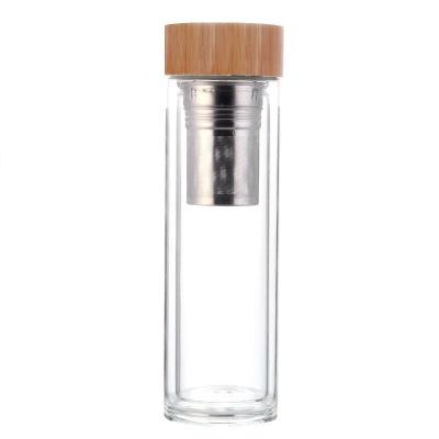 China 450ml Double Wall Stocked Mug, Bamboo Lid Glass Bottle, Glass Cup With Tea Infuser for sale