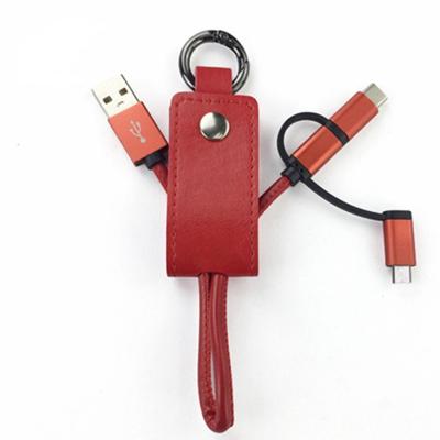 China 2021 New Camera Leather PU Keychain Cable Promotional Fast Charging Portable Use Shortly 3 in 1 Usb Data Cable For Apple Android Type C for sale