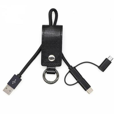 China 2021 New Portable Camera Advertising Fast Charging Leather Key Anchor Chain Short Use 3 in 1 Usb Data Cable For Apple Android Type C for sale