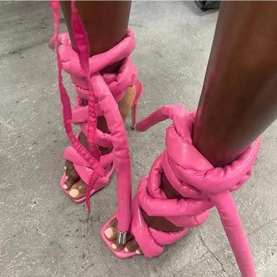 China Fashion Trend Fancy Design Custom Colors Solid Puffy Cross Straps High Toe Stiletto Sandals Women Summer Square Thin Heel Shoes for sale