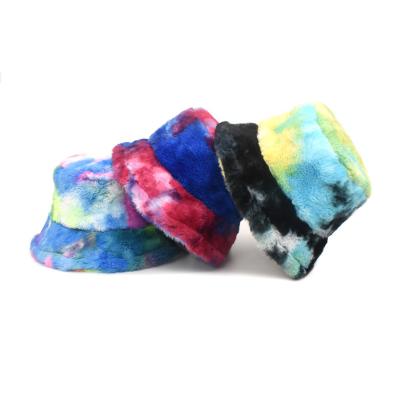 China New Fashion Dobby Rainbow Color Tie Dye Faux Fur Winter Bucket Hat For Lady Outdoor Warm Panama Bucket Hat Girl Fisherman Hat for sale