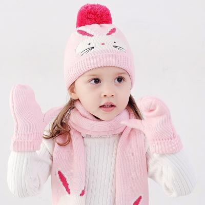 China Factory COMMON Cheap Kids Lovely Design Knitted Rabbit Pattern Beanie Winter Hat Winter Scarf Pink Winter Gloves Set for sale