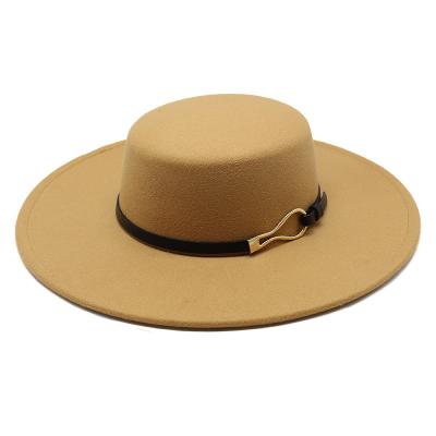 China Fashion Solid Color High Quality Fedora Hat With Belt Buckle Image Flat Surface Wool Felt Fedora Hats Women And Man for sale