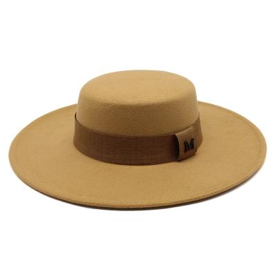 China Image New Arrival Vintage Church Flat Top Wool Felt Thrower Hat With Ribbon And Rope Solid Color Fedora Hats for sale