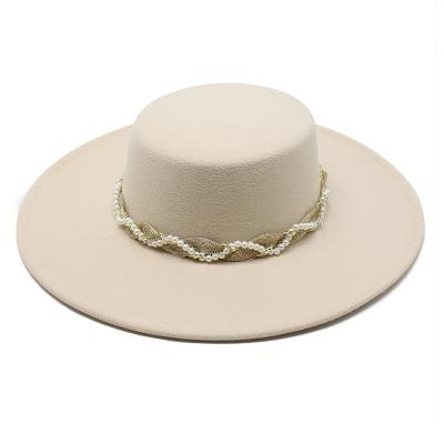 China New Cowboy Fashion Picture Wide Brim Dress Flat Top Fedora With Pearls Designer Women Wool Felt Floppy Panama Hats for sale