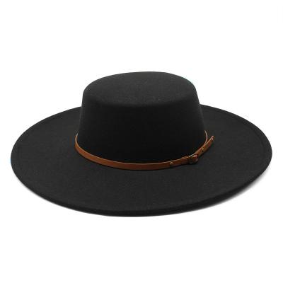 China Stylish Picture Ladies Wide Brim Formal Jazz Church Panama Flat Top Hat With Leather Belt Unisex Wool Felt Fedora for sale