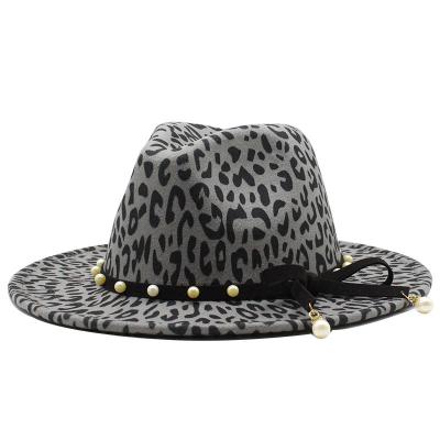 China Image Leopard Printing Wide Wool Fedora Hat With Pearls Edge Belt For Man Party Music Festival Fashion Fedora Hat for sale