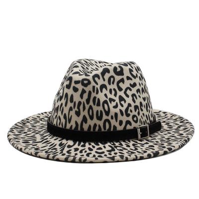 China Picture High Quality Fedora Hats With Leather Buckle Women Men Wholesale Print Wide Brim Wool Felt Leopard Fedora Hats for sale