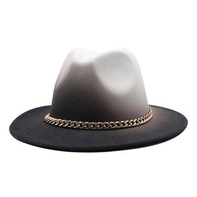 China Wide Brim Hip Hop Felt Hats Autumn Winter Gradient Color Hat Picture Casual Wear With Chain Men And Metal Women for sale