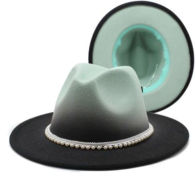 China Wholesale High Quality Gradient Image Felt Ramp Color Fedora Hat With Pearls 2 Tone Colors Hats Wide Brim Fedora for sale