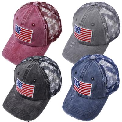 China Custom Washed Fabric COMMON Summer Running American Flag USA Curved Brim Mesh Trucker Cap Adjustable Ponytail Hat for sale