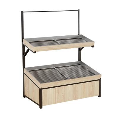 China Single-sided Supermarket Fruit Vegetable Shelf With Stainless Steel Layer Board Wooden Fruit Vegetable Display Rack For Fresh Store for sale