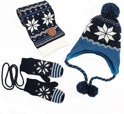 China Dobby Kid's Knitted Winter Hat Scarf And Mittens Set All For A 1-8 Years Old With Snowflake Pattern for sale