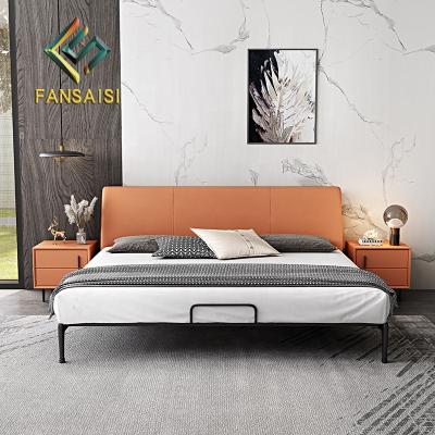 China Adjustable Modern Minimalist Leather Bedroom Furniture Living Room Villa Style Solid Wood Soft Bed(Size) for sale