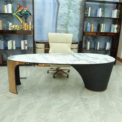 China (Size)Villa Mansion Furniture Study Italian Light Luxury Adjustable High End Custom Marble Desk Boss Office Desk Solid Wood Stainless Steel for sale