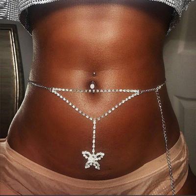 China Sexy BOHEMIA Rhinestone Butterfly Belly Chain Silver Body Jewelry For Women Beach Bikini Crystal Waist Chain Lower Back Chain for sale