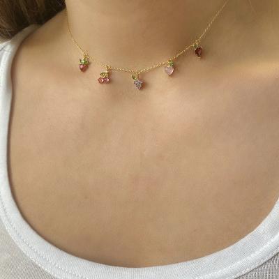 China High Quality/Factory Source Hot Selling Colorful Zirconium Fruit Clavicle Chain Necklace Chain Gold Plated Two-Layer Copper Chain Link Necklace for sale