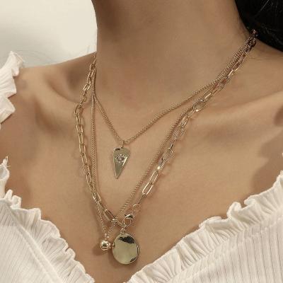 China TRENDY Multi Gold Plated U Heart Shaped Big Coin Chain Clasp Lobster Layer Pendant Necklace for sale