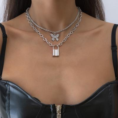 China High Quality/Factory Source Silver Plated Butterfly Lock Pendant Necklace Double Layer Metal Rope Cuban Chain Necklace for sale