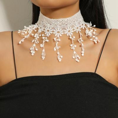 China Flower Environmental Friendly Soft Hollow Collar White Tassel Lace Collar Lace Neckerchief Long for sale