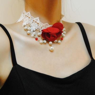 China Vintage Bohemia Rose Necklace Gothic White Lace Bead Handmade Red Tassel Pendant Necklace for sale