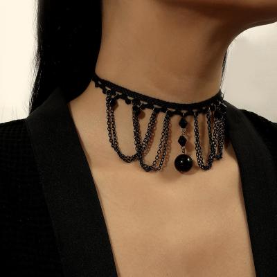 China Environmentally Friendly Sexy Hollow Lace Up Large Tassel Short Multilayer Black Pearl Necklace Choker Pendant Necklace for sale