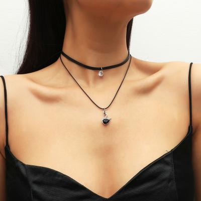 China Two Layers FASHIONABLE Leather Rhinestone Choker Necklace Animal Pendant Black Crystal Pendant Necklace for sale