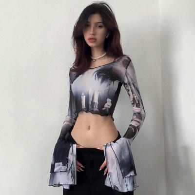 China QUICK DRY Print Long Flare Sleeves O Neck See Through Sexy Crop Top 2022 Women Fashion Slim Party Club Overall Y2K Fairy T-shirt for sale