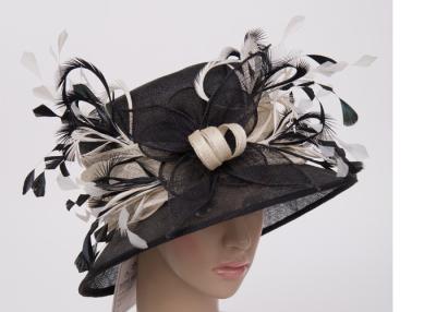 China 8cm Brim Ladies Sinamay Hats With Black White Feather , Ladies Church Hats for sale