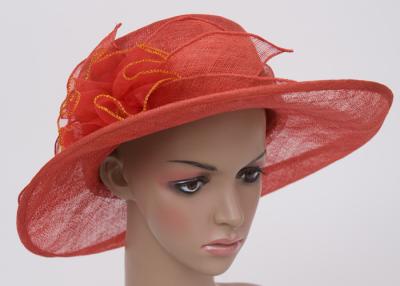 China 12cm Red Color Gold Trim Ladies Sinamay Hats , Ladies Occasion Hats With Big Flower for sale