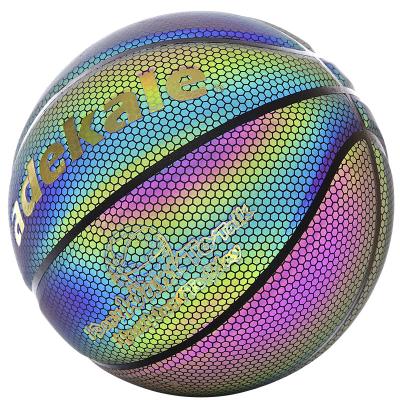 China Outdoor Game Personalized Glow In The Dark Reflective Holographic Luminous Sports Balls Custom Basketball Logo for sale