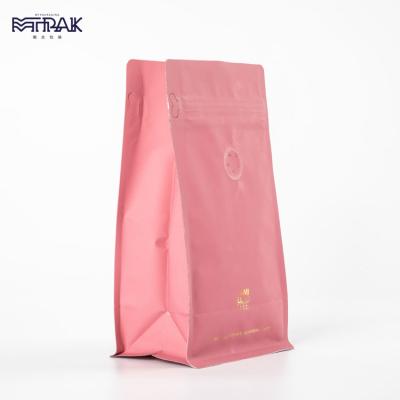 China Window+hanging Clear Hole Hot Stamping Matte Printed Plastic Pink Flat Bottom Aluminum Foil Coffee Valve Bag for sale